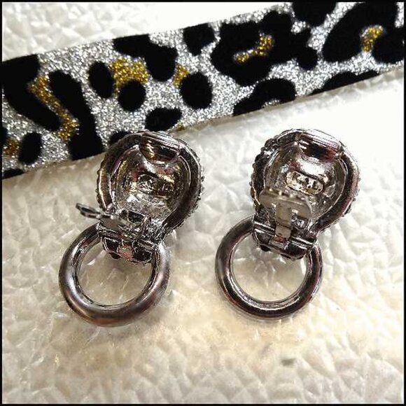 1980s Signed KJL Earrings Crystal Panthers Door Knocker Hoops  16132 - Picture 6 of 7